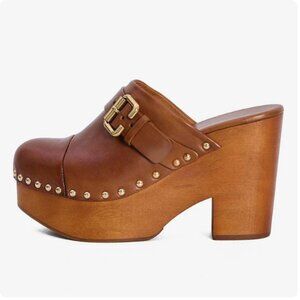 FSJ Brown Buckled Strap Studded Platform Mules Shoes Heeled Clogs